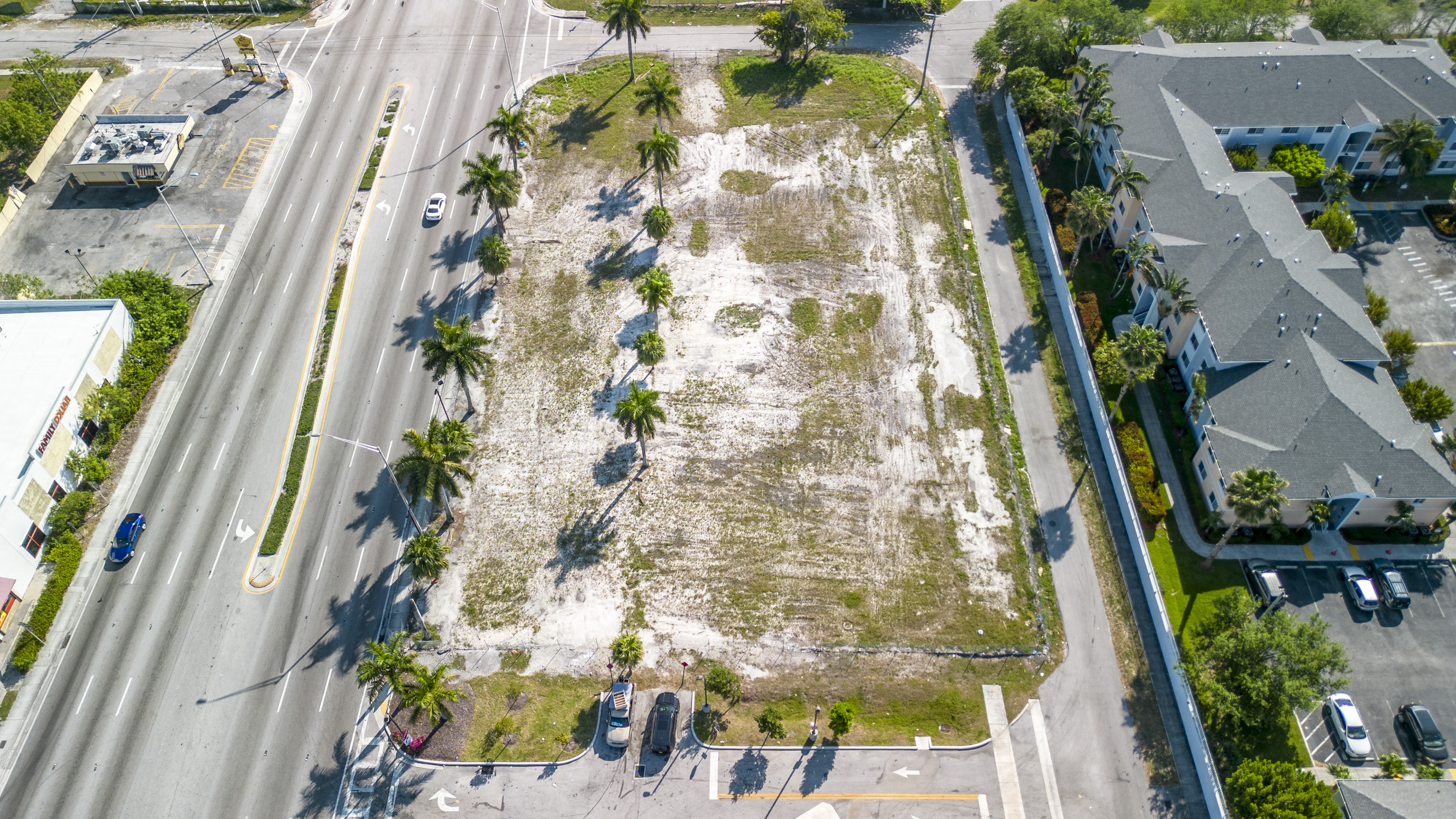 Aerial view of a vacant lot in a suburban area, surrounded by palm trees and a road.